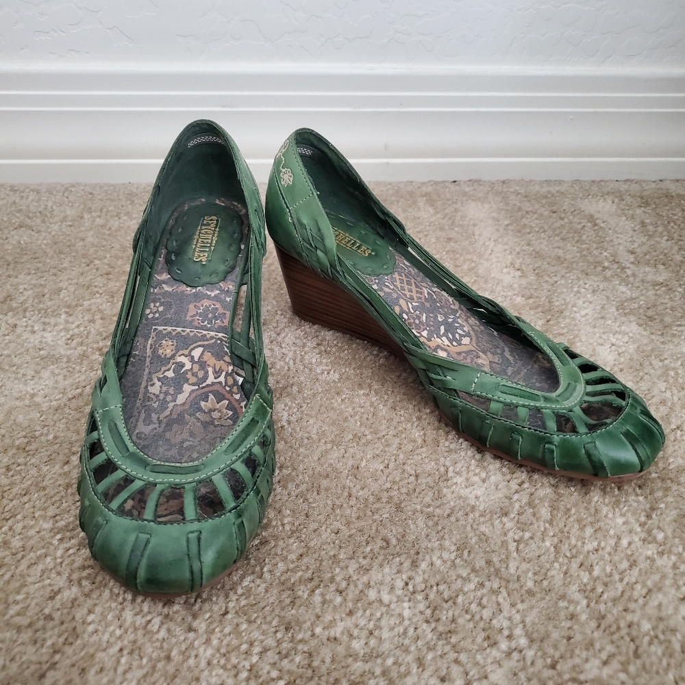 Green Leather Seychelles Wedge Heels, sz. 8